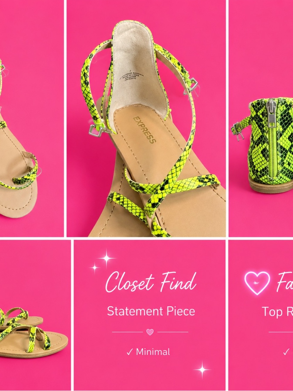 Express Neon Yellow Snake-Print Strappy Sandals